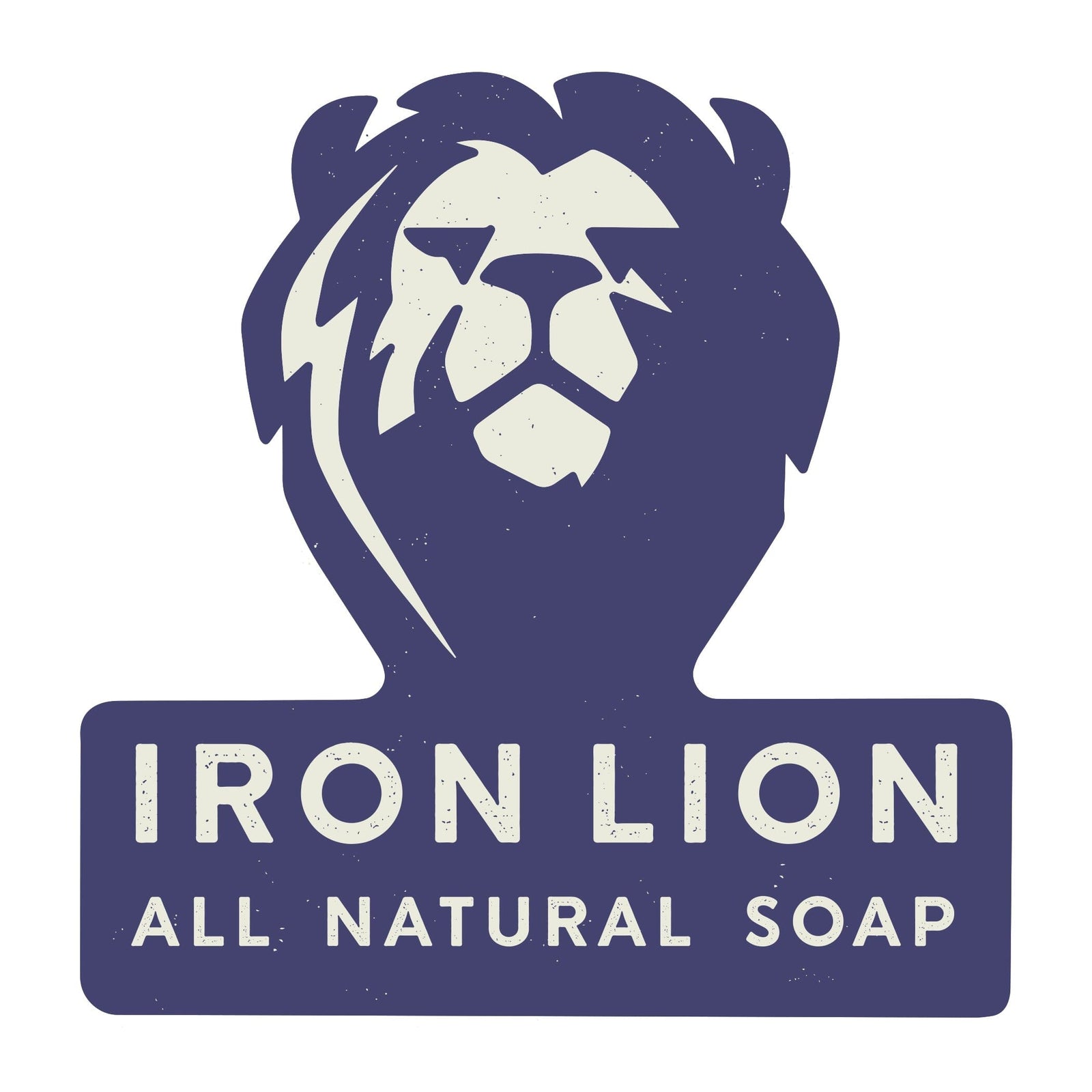 a white collar style lion and badge for all natural soap company Iron Lion Soap