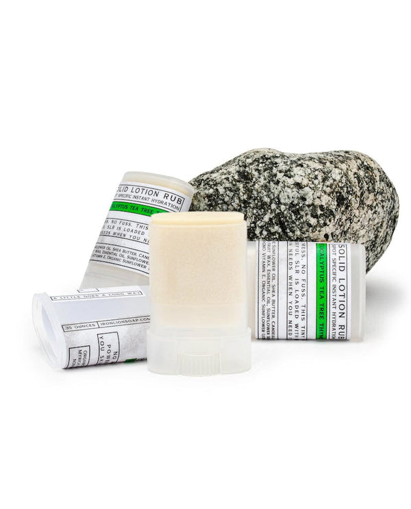 Iron Lion Soap solid lotion rub — beeswax-free plant-wax balm in mini twist tube